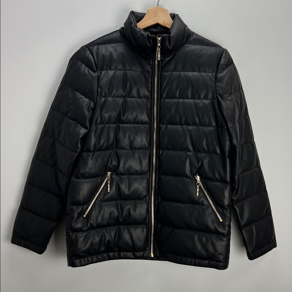 J. McLaughlin Faux Leather Down Puffer Jacket Black Gold Womens Small New